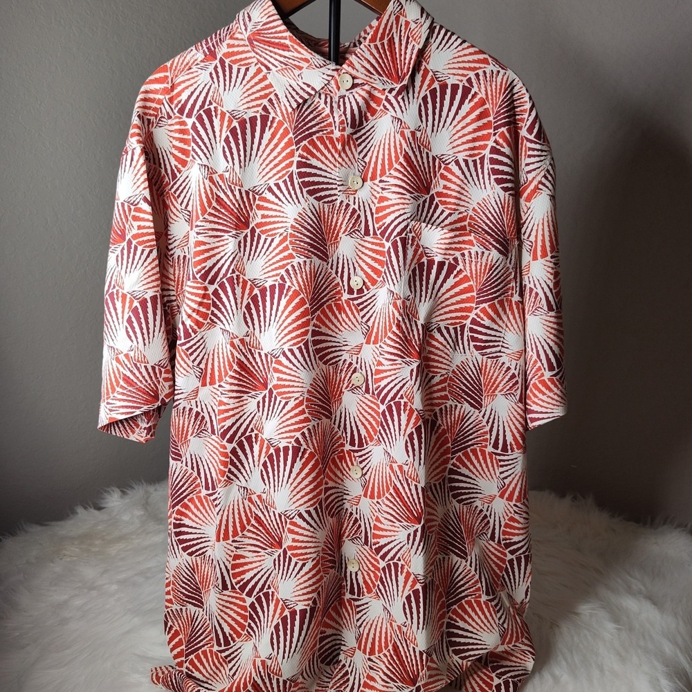 Tommy Bahama Shirt Men Medium Orange Red 100% Silk Shell Print Short Sleeve Camp
